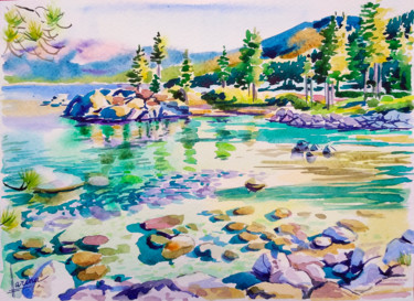 Painting titled "Lake Tahoe" by Olga Larina, Original Artwork, Watercolor