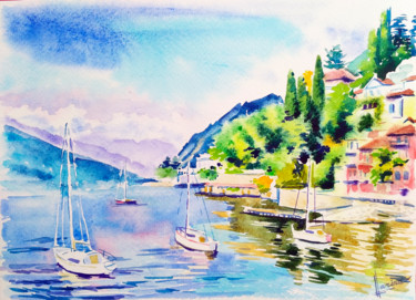 Painting titled "Lake Como" by Olga Larina, Original Artwork, Watercolor