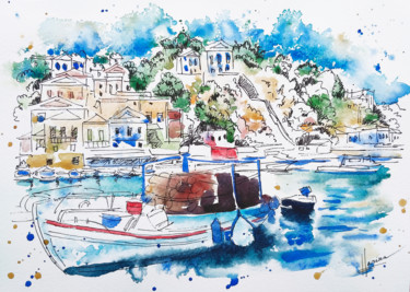 Картина под названием "Mediterranean port" - Olga Larina, Подлинное произведение искусства, Акварель