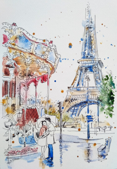 Malerei mit dem Titel "Parisian mood" von Olga Larina, Original-Kunstwerk, Aquarell
