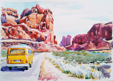 Peinture intitulée "American travel" par Olga Larina, Œuvre d'art originale, Aquarelle