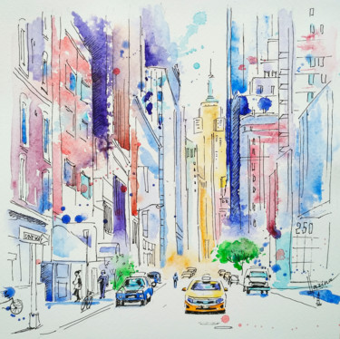 Malerei mit dem Titel "View of new york" von Olga Larina, Original-Kunstwerk, Aquarell
