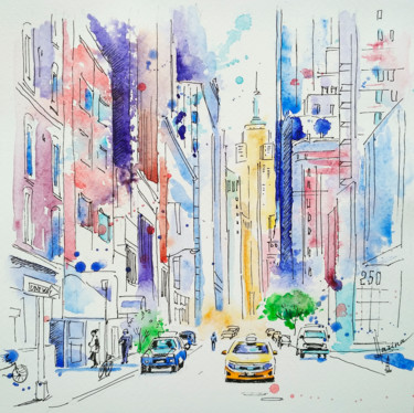 View of new york Painting titled "View of new york" by Olga Larina, Original Art, Watercolor