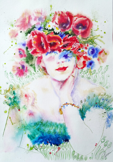 Pintura intitulada "Flora Renoir" por Olga Larina, Obras de arte originais, Aquarela