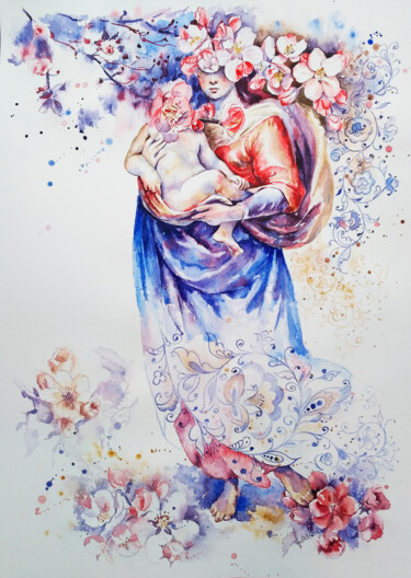 Schilderij getiteld "Mother" door Olga Larina, Origineel Kunstwerk, Aquarel
