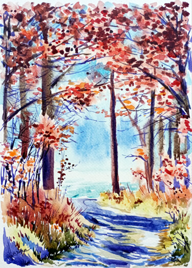 Картина под названием "Forest road" - Olga Larina, Подлинное произведение искусства, Акварель