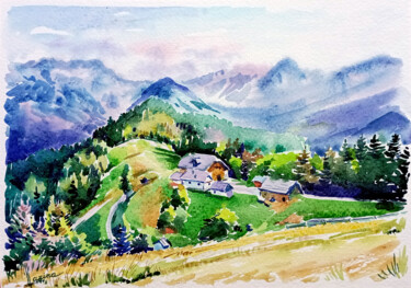 Painting titled "Alps" by Olga Larina, Original Artwork, Watercolor