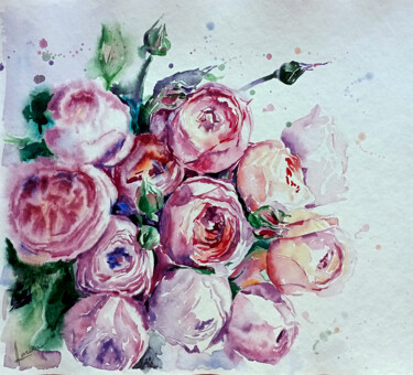 Картина под названием "Pink bouquet" - Olga Larina, Подлинное произведение искусства, Акварель