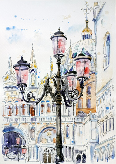 Lanterns of Venice Painting titled "Lanterns of Venice" by Olga Larina, Original Art, Watercolor