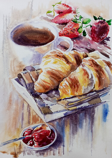 Ζωγραφική με τίτλο "Croissant with stra…" από Olga Larina, Αυθεντικά έργα τέχνης, Ακουαρέλα