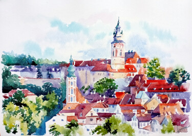 Painting titled "Red roofs of the ol…" by Olga Larina, Original Artwork, Watercolor