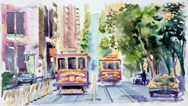 Painting titled "San Francisco tram" by Olga Larina, Original Artwork, Watercolor