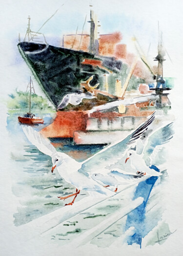 Painting titled "Port of Kherson. Uk…" by Olga Larina, Original Artwork, Watercolor