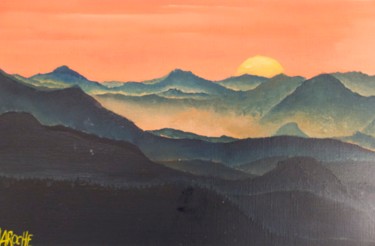 Painting titled "Sunset in Mercantour" by Pierre Laroche, Original Artwork, Oil Mounted on Cardboard
