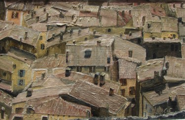 Painting titled "Toits de Moustiers…" by Pierre Laroche, Original Artwork, Oil Mounted on Cardboard