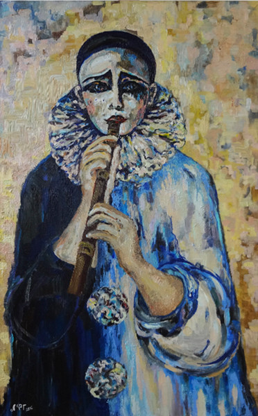 Painting titled "Pierrot. The Heart-…" by Larisa Girenok, Original Artwork, Oil Mounted on Wood Stretcher frame