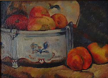 Painting titled "Still-life with pea…" by Larisa Girenok, Original Artwork, Oil