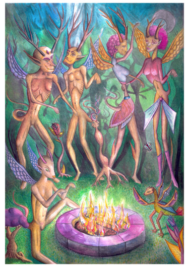 Peinture intitulée "el bosque danzante" par Lasayatanas Las Puertas De La Percepción, Œuvre d'art originale, Gouache