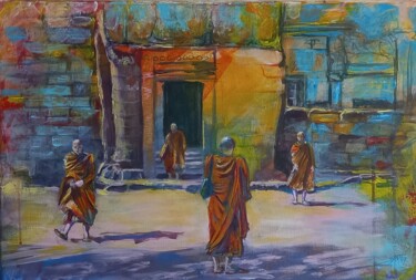 Painting titled "Monks" by László Barna, Original Artwork, Acrylic Mounted on Wood Stretcher frame