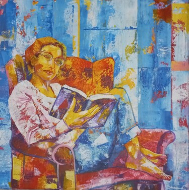 Painting titled "Woman reading" by László Barna, Original Artwork, Acrylic Mounted on Wood Stretcher frame