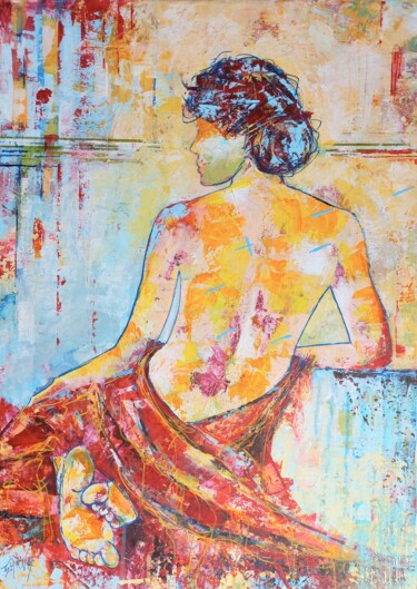 Malerei mit dem Titel "Girl with red veil" von László Barna, Original-Kunstwerk, Acryl Auf Keilrahmen aus Holz montiert