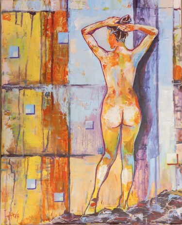 Schilderij getiteld "Before bathing" door László Barna, Origineel Kunstwerk, Acryl Gemonteerd op Frame voor houten brancard