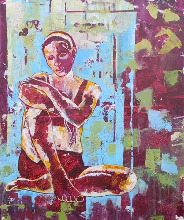 Painting titled "Model with white he…" by László Barna, Original Artwork, Acrylic Mounted on Wood Stretcher frame