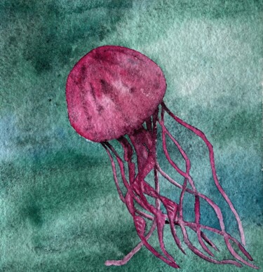 Painting titled "Pink jellyfish" by Nina Karpova, Original Artwork, Watercolor