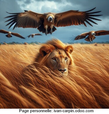 Arts numériques intitulée "Un lion dans la sav…" par Ivan Carpin, Œuvre d'art originale, Image générée par l'IA