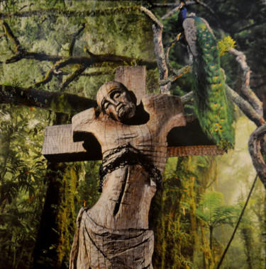 Collages intitolato "CRUCIFIXION" da Manu Vielles, Opera d'arte originale, Collages Montato su Pannello di legno