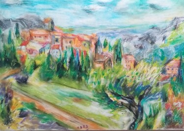Drawing titled "Village en Provence" by Laudu, Original Artwork, Pencil