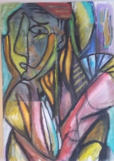 Peinture intitulée "femme et éventail" par Laudu, Œuvre d'art originale, Gouache