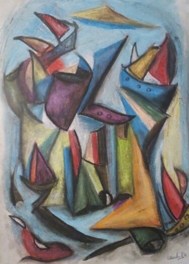 Disegno intitolato "L'ile aux bateaux" da Laudu, Opera d'arte originale, Pastello