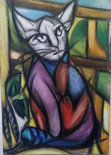 Drawing titled "Chat au vert" by Laudu, Original Artwork, Pastel