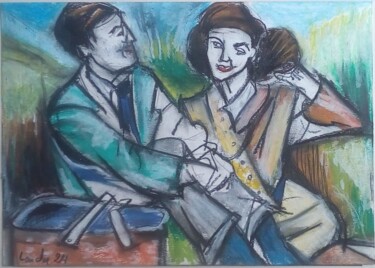 Drawing titled "Le Pique-nique" by Laudu, Original Artwork, Pastel