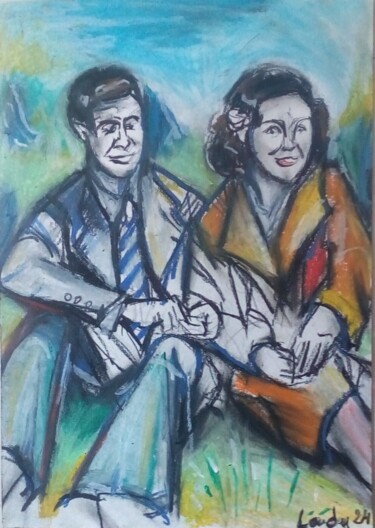 Dessin intitulée "Couple de stars" par Laudu, Œuvre d'art originale, Pastel