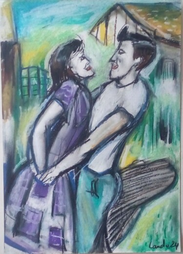 Dibujo titulada "La surprise" por Laudu, Obra de arte original, Pastel