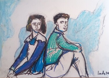 Tekening getiteld "Comme frère et soeur" door Laudu, Origineel Kunstwerk, Pastel