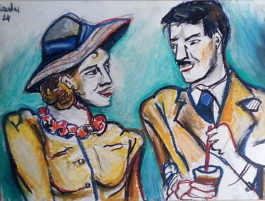 Drawing titled "La lady au chapeau" by Laudu, Original Artwork, Pastel