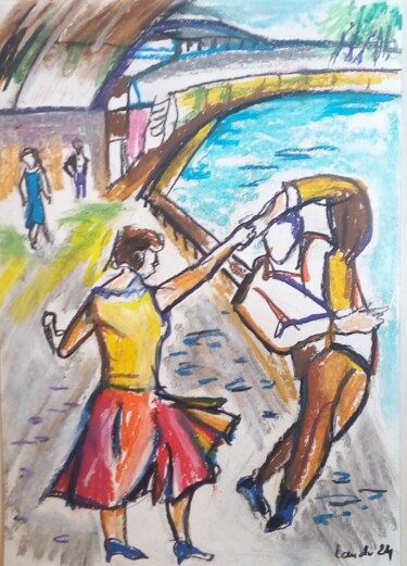 Drawing titled "Tango sur les quais" by Laudu, Original Artwork, Pastel