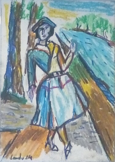 Rysunek zatytułowany „Pose sur les quais” autorstwa Laudu, Oryginalna praca, Pastel