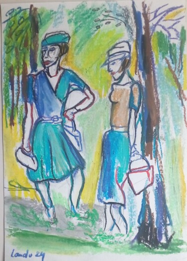 Dessin intitulée "Promenade au parc" par Laudu, Œuvre d'art originale, Pastel