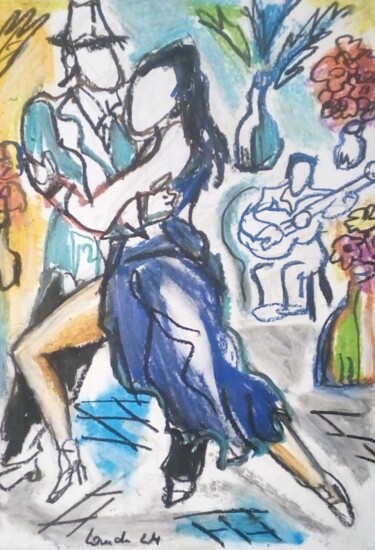 Dessin intitulée "Tango et guitariste" par Laudu, Œuvre d'art originale, Pastel