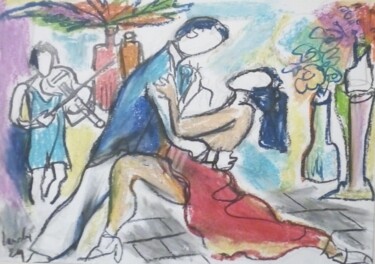 Drawing titled "Tango et violoniste" by Laudu, Original Artwork, Pastel