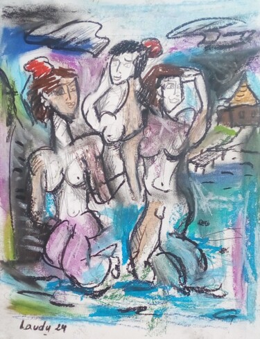 Рисунок под названием "Le bain de minuit" - Laudu, Подлинное произведение искусства, Пастель