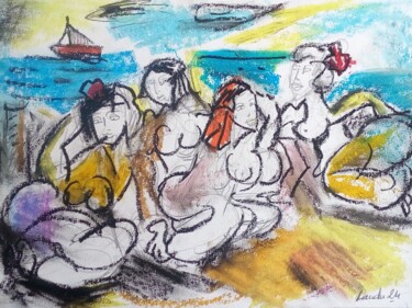 Dessin intitulée "Le bain de soleil" par Laudu, Œuvre d'art originale, Pastel