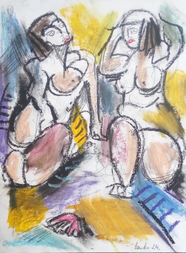 Drawing titled "Le bain de soleil 2" by Laudu, Original Artwork, Pastel