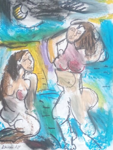 Dessin intitulée "Le bain de minuit 2" par Laudu, Œuvre d'art originale, Pastel
