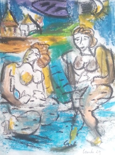 Рисунок под названием "Le bain de minuit 3" - Laudu, Подлинное произведение искусства, Пастель