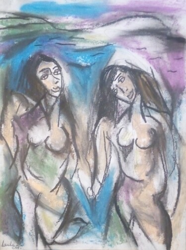 Рисунок под названием "Les bonnes amies 2" - Laudu, Подлинное произведение искусства, Пастель